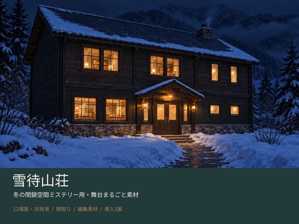 雪待山荘|冬の閉鎖空間ミステリー素材集【12場面・昼夜停電36背景】
