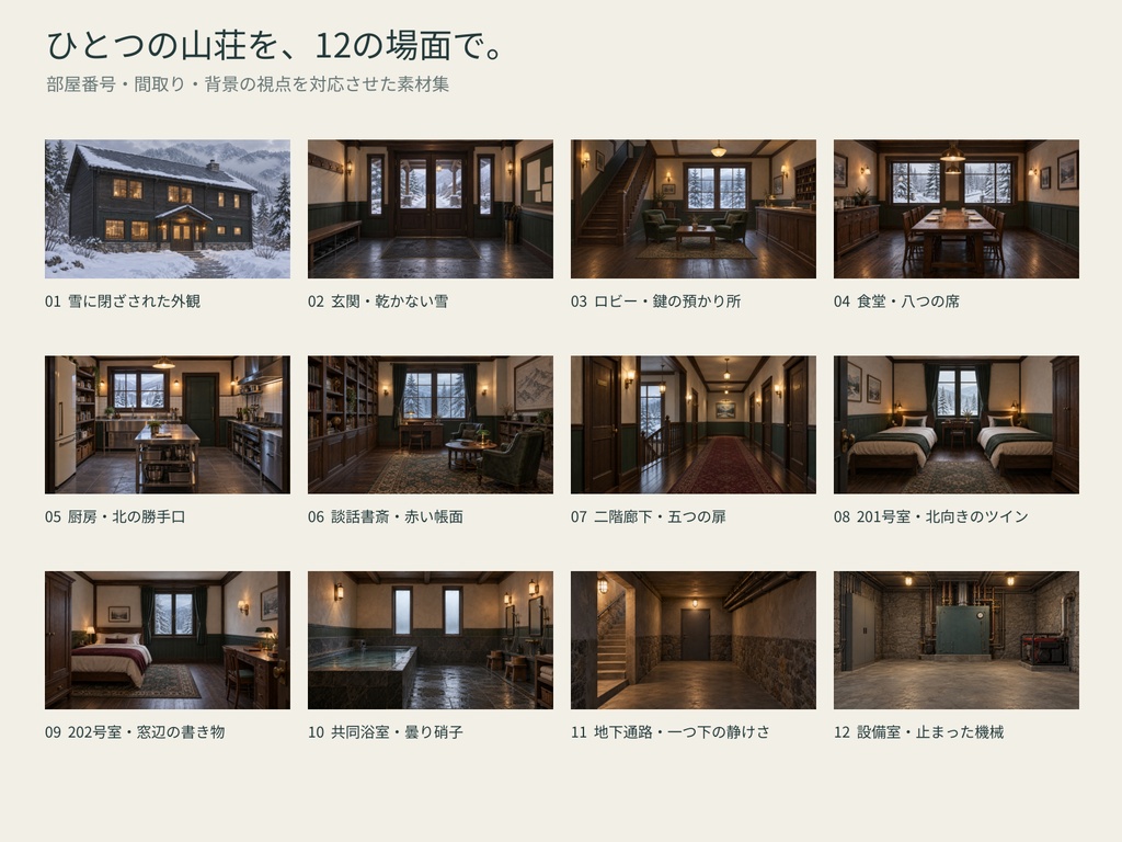 雪待山荘|冬の閉鎖空間ミステリー素材集【12場面・昼夜停電36背景】