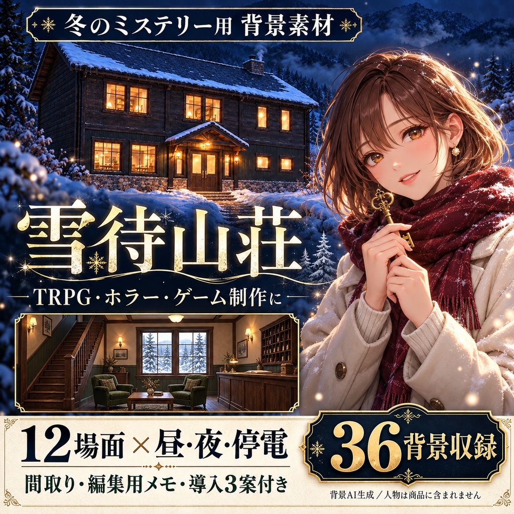 雪待山荘｜冬の閉鎖空間ミステリー素材集【12場面・昼夜停電36背景】