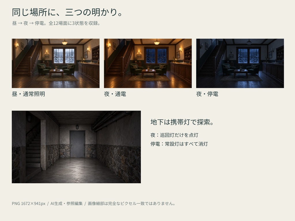 雪待山荘|冬の閉鎖空間ミステリー素材集【12場面・昼夜停電36背景】