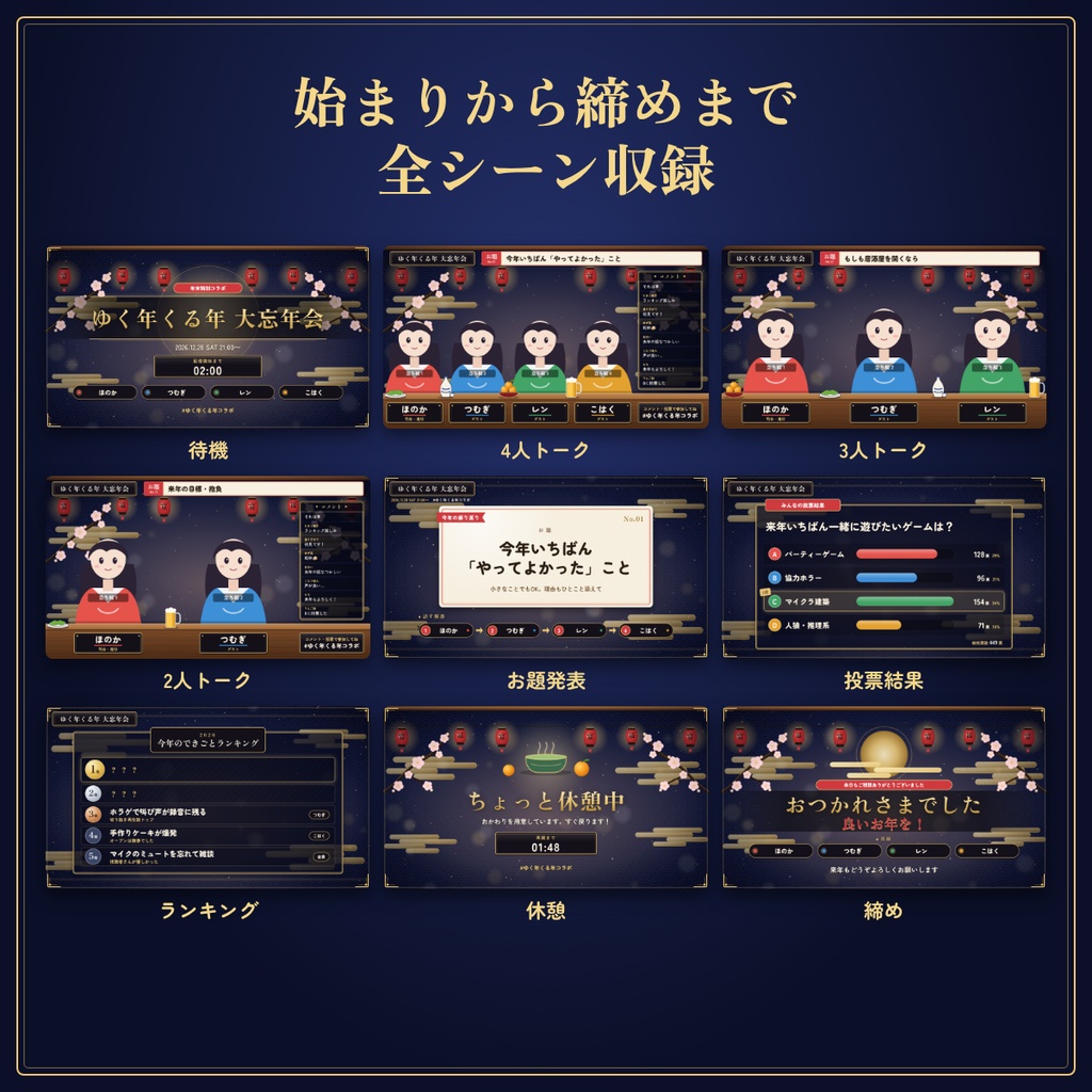 【OBS対応】2〜4人の忘年会・コラボ配信進行セット|名前・お題・投票・ランキング編集可