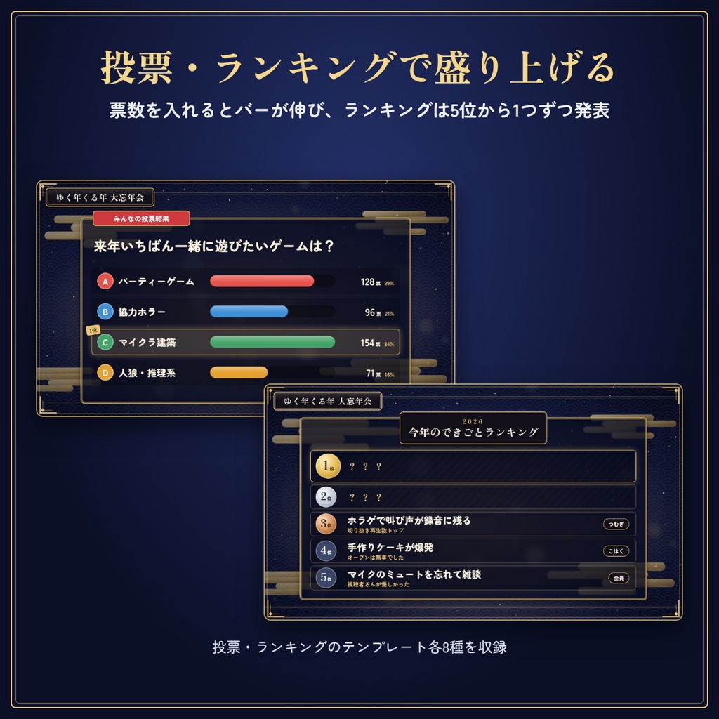 【OBS対応】2〜4人の忘年会・コラボ配信進行セット|名前・お題・投票・ランキング編集可
