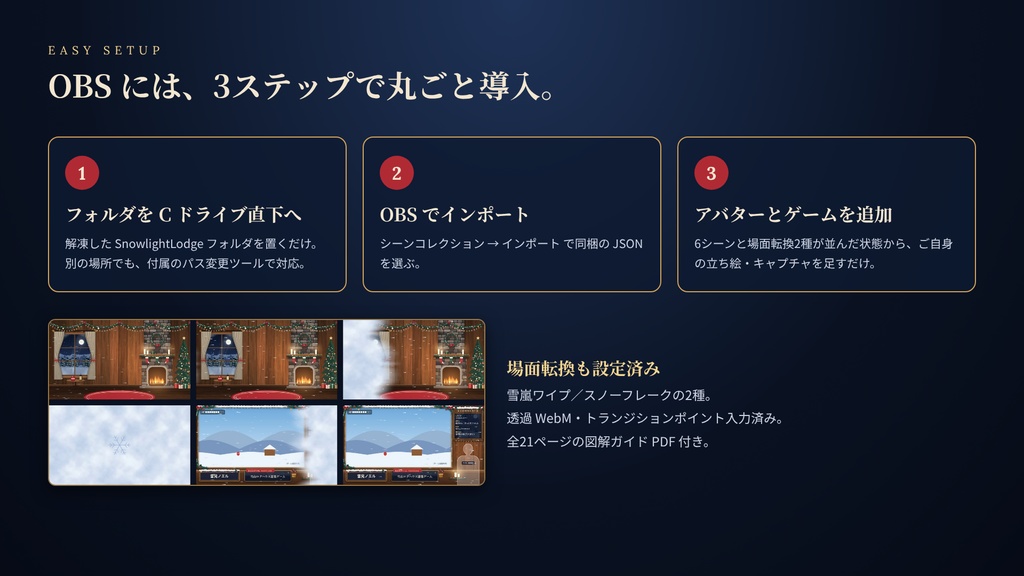 【5場面】雪灯りのロッジ|冬・クリスマス配信「番組まるごと」完成セット【動く背景・OBS一括導入】