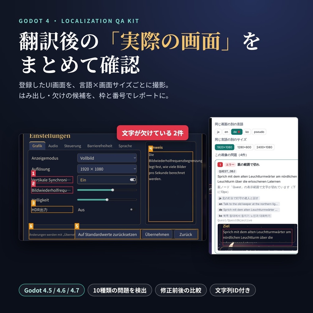 【Godot 4】翻訳後の「実際の画面」をまとめて確認するキット|はみ出し検出・修正前後比較