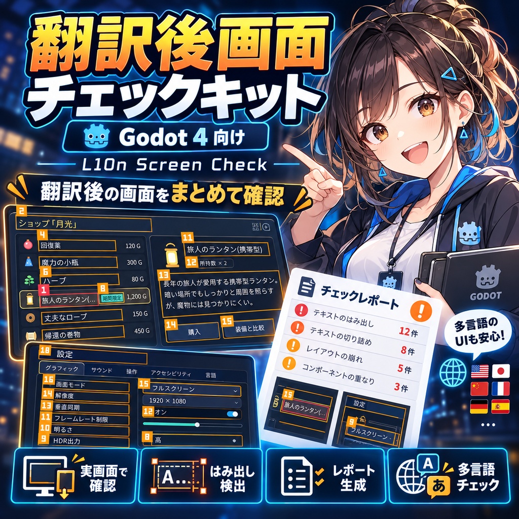 【Godot 4】翻訳後の「実際の画面」をまとめて確認するキット|はみ出し検出・修正前後比較