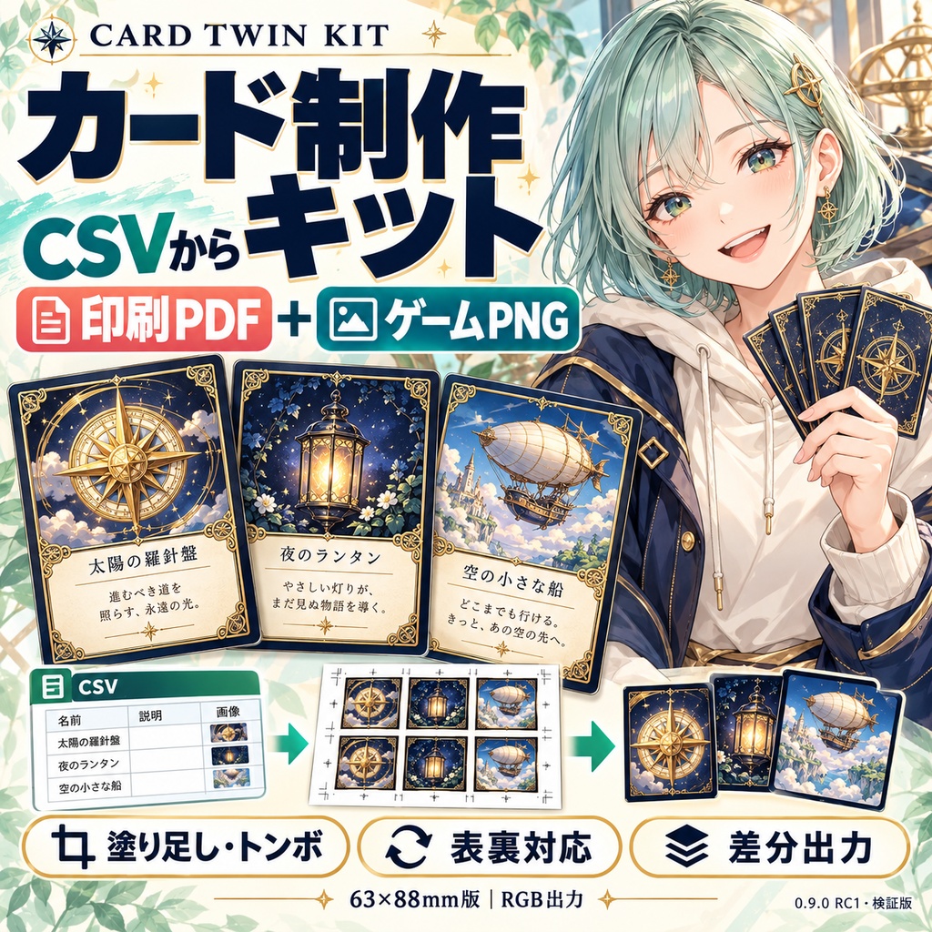 CARD TWIN KIT｜CSVからカードの印刷用PDF・ゲーム用PNGを一括出力【63×88mm版】