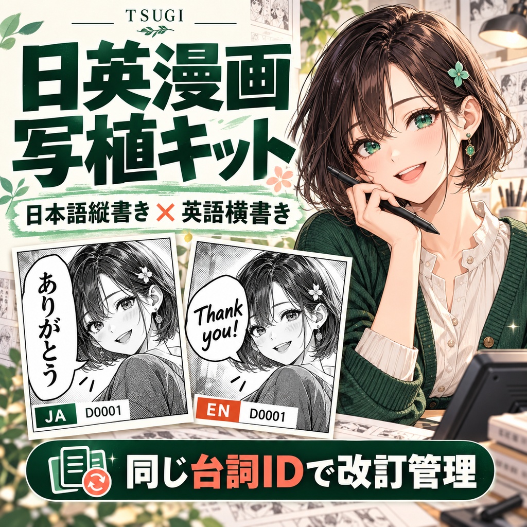 TSUGI｜日英漫画写植キット【日本語縦書き・英語横書き／共通台詞ID・改訂管理】