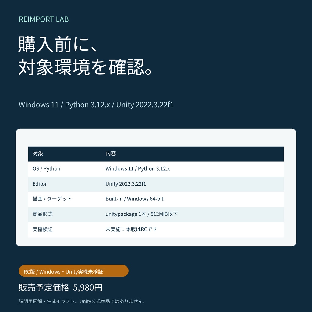 【RC版・実機未検証】Unity配布商品の再導入試験キット|Reimport Lab