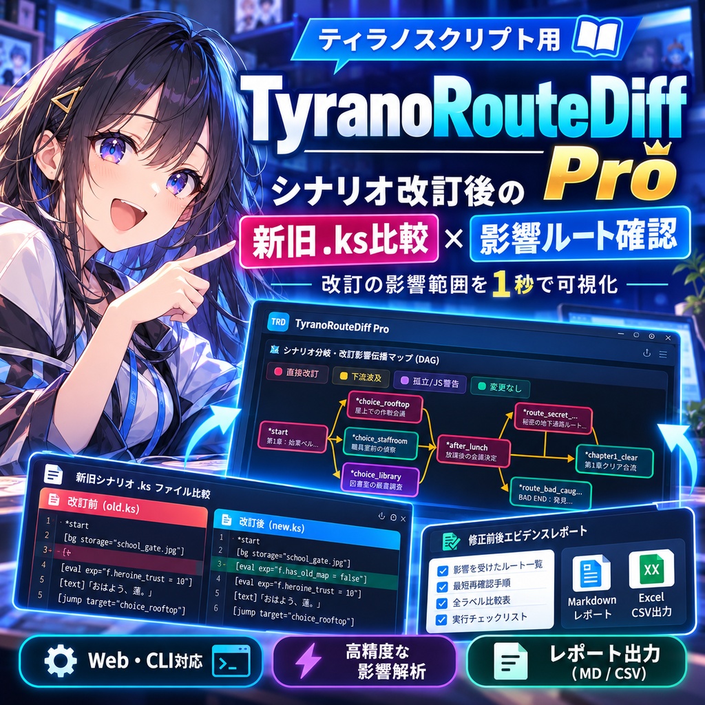 【ティラノスクリプト用】TyranoRouteDiff Pro v2.4|新旧.ks比較・シナリオ改訂影響チェックツール【Web・CLI対応】
