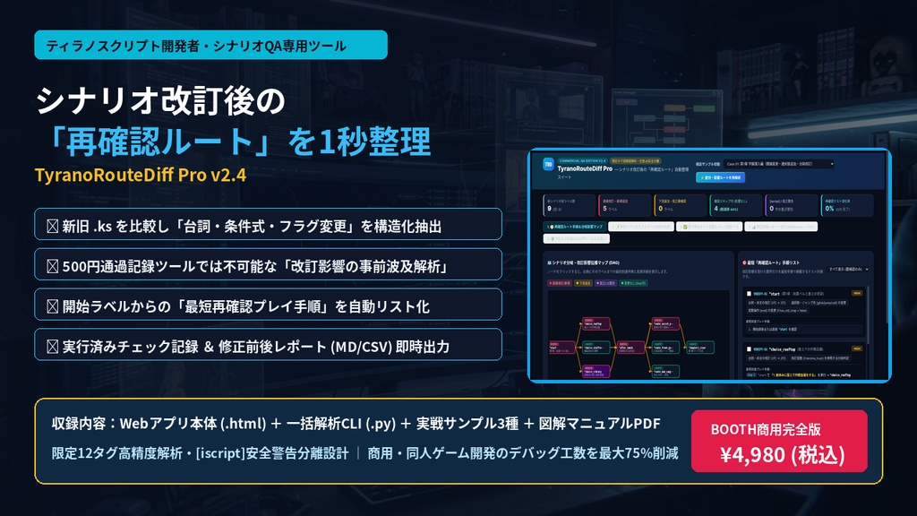 【ティラノスクリプト用】TyranoRouteDiff Pro v2.4|新旧.ks比較・シナリオ改訂影響チェックツール【Web・CLI対応】