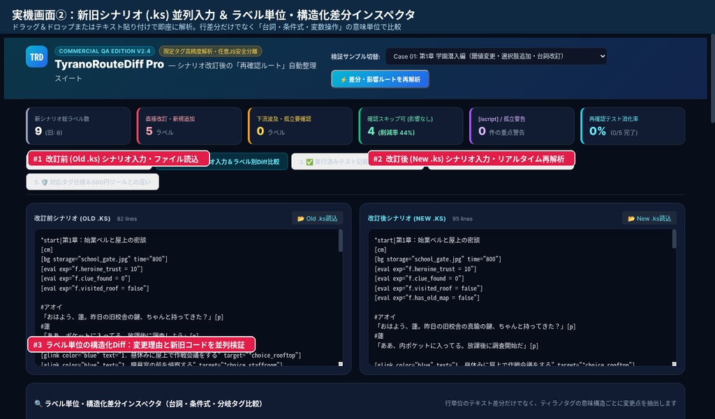 【ティラノスクリプト用】TyranoRouteDiff Pro v2.4|新旧.ks比較・シナリオ改訂影響チェックツール【Web・CLI対応】
