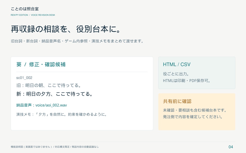 ことのは照合室|Ren’Py ボイス改訂チェッカー・役別修正台本メーカー
