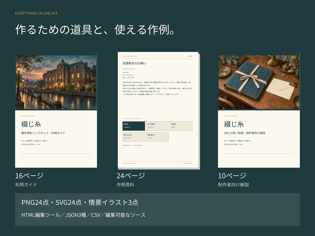 綴じ糸|事件設定と6種類の資料がつながる制作キット【24資料・編集HTML付き】