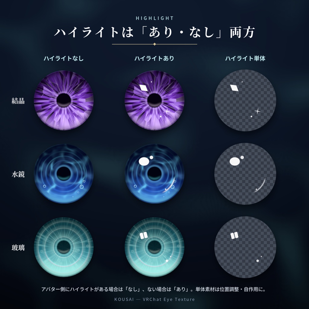 【汎用虹彩素材・要加工】鉱彩 KOUSAI|VRChat瞳テクスチャ 3デザイン×12色【透過PNG72枚・PSD付】