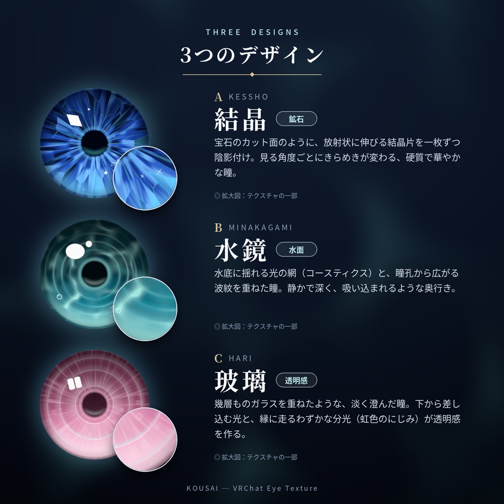 【汎用虹彩素材・要加工】鉱彩 KOUSAI|VRChat瞳テクスチャ 3デザイン×12色【透過PNG72枚・PSD付】