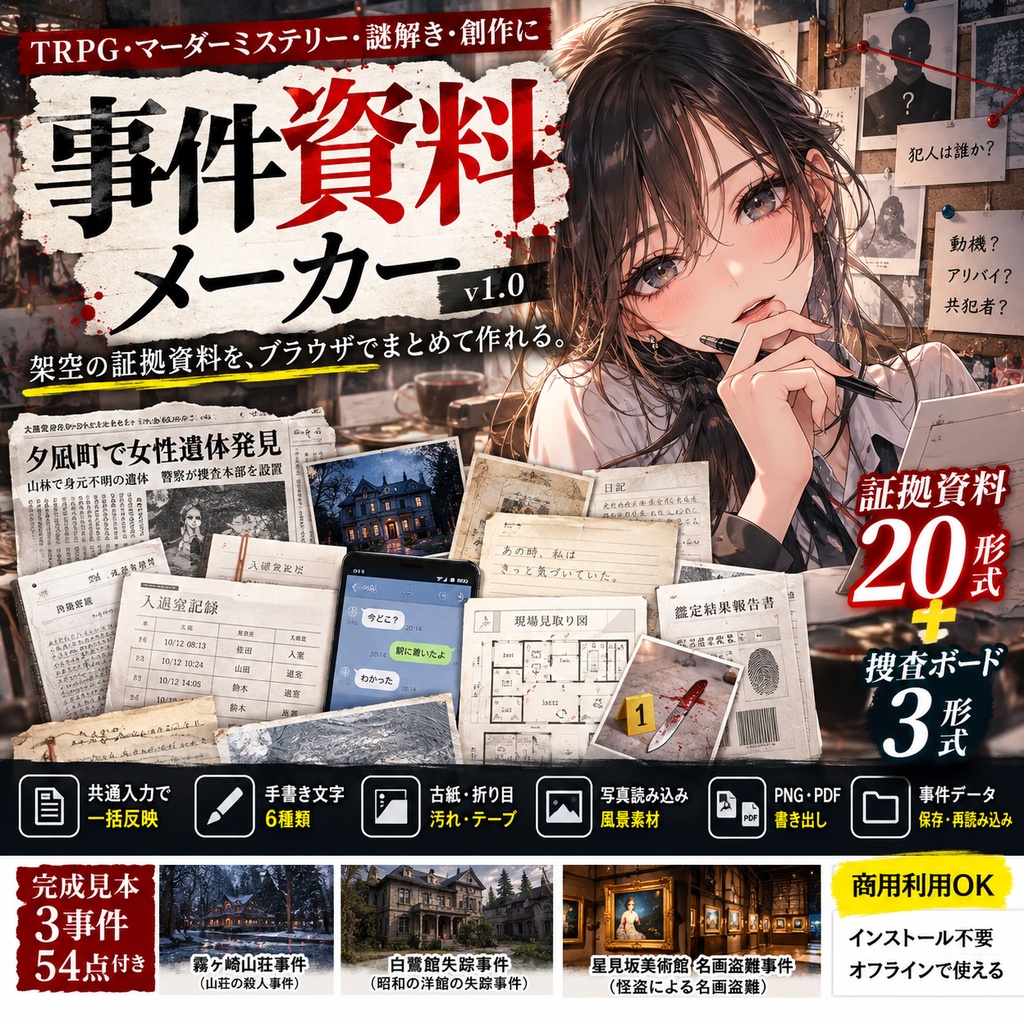 事件資料メーカー v1.0｜証拠資料20種＋捜査ボード3種を作成【TRPG・マダミス・謎解き／商用利用OK】