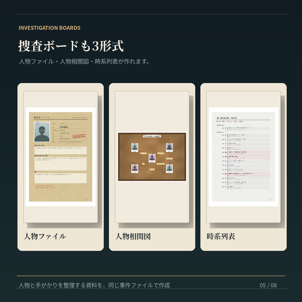 事件資料メーカー v1.0|証拠資料20種+捜査ボード3種を作成【TRPG・マダミス・謎解き/商用利用OK】