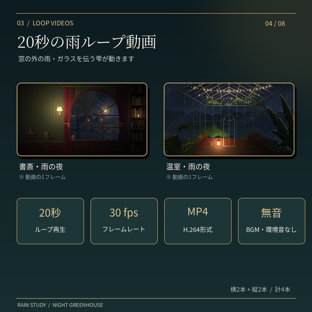 【OBS対応・横縦セット】雨の書斎・夜の温室|作業配信素材【ループ動画・ポモドーロタイマー付き】