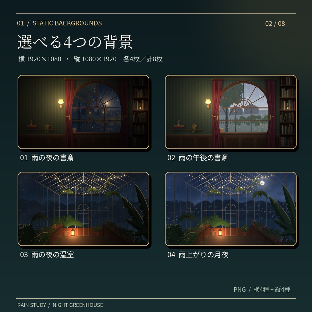 【OBS対応・横縦セット】雨の書斎・夜の温室|作業配信素材【ループ動画・ポモドーロタイマー付き】