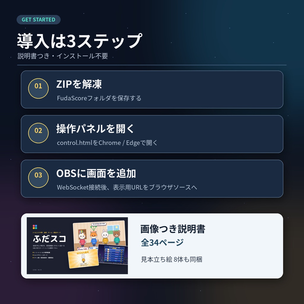 【OBS対応・2〜8人】ふだスコ|コラボ配信用 名前・チーム・得点ボード【5レイアウト×5テーマ】