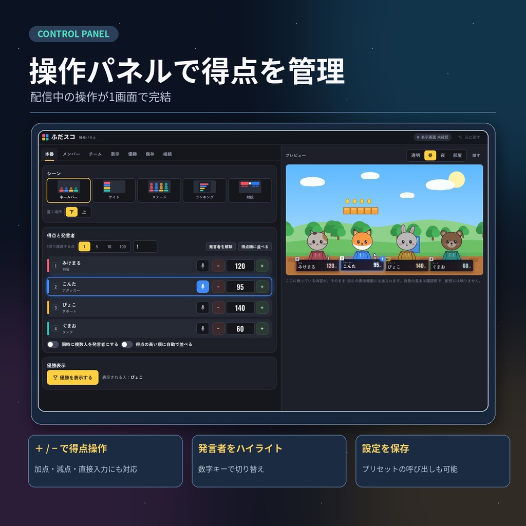 【OBS対応・2〜8人】ふだスコ|コラボ配信用 名前・チーム・得点ボード【5レイアウト×5テーマ】