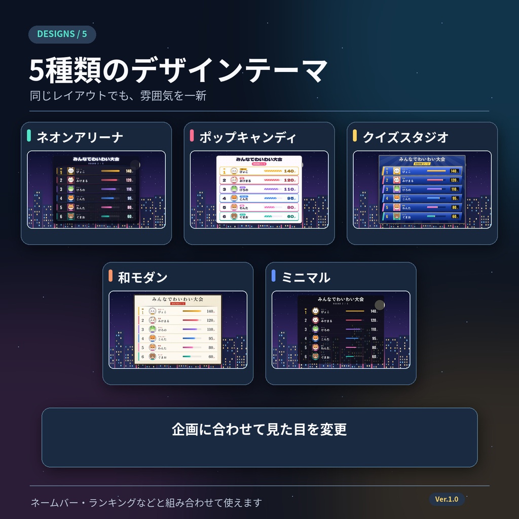 【OBS対応・2〜8人】ふだスコ|コラボ配信用 名前・チーム・得点ボード【5レイアウト×5テーマ】