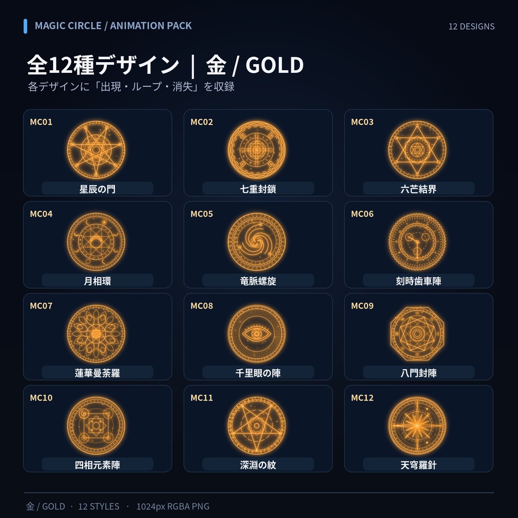 【透過アニメ・商用OK】魔法陣12種×3色|召喚・封印解除エフェクト素材集【PNG連番・APNG・WebM】