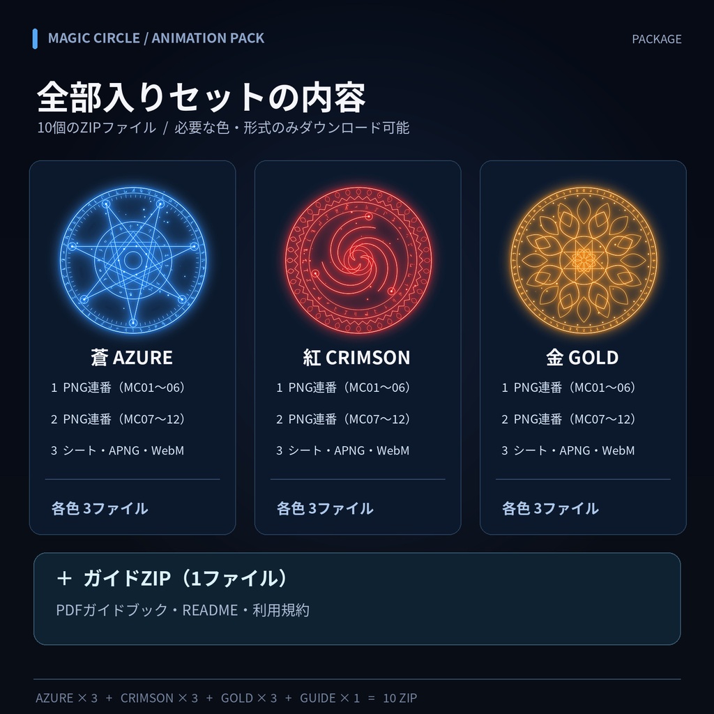 【透過アニメ・商用OK】魔法陣12種×3色|召喚・封印解除エフェクト素材集【PNG連番・APNG・WebM】