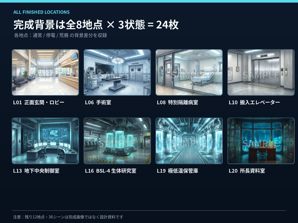 【TRPG・ゲーム背景素材】病院・研究施設の探索キット『ASHIHARA BIO-MEDICAL COMPLEX』|背景24枚・階層図3枚・小道具20点・研究記録6点