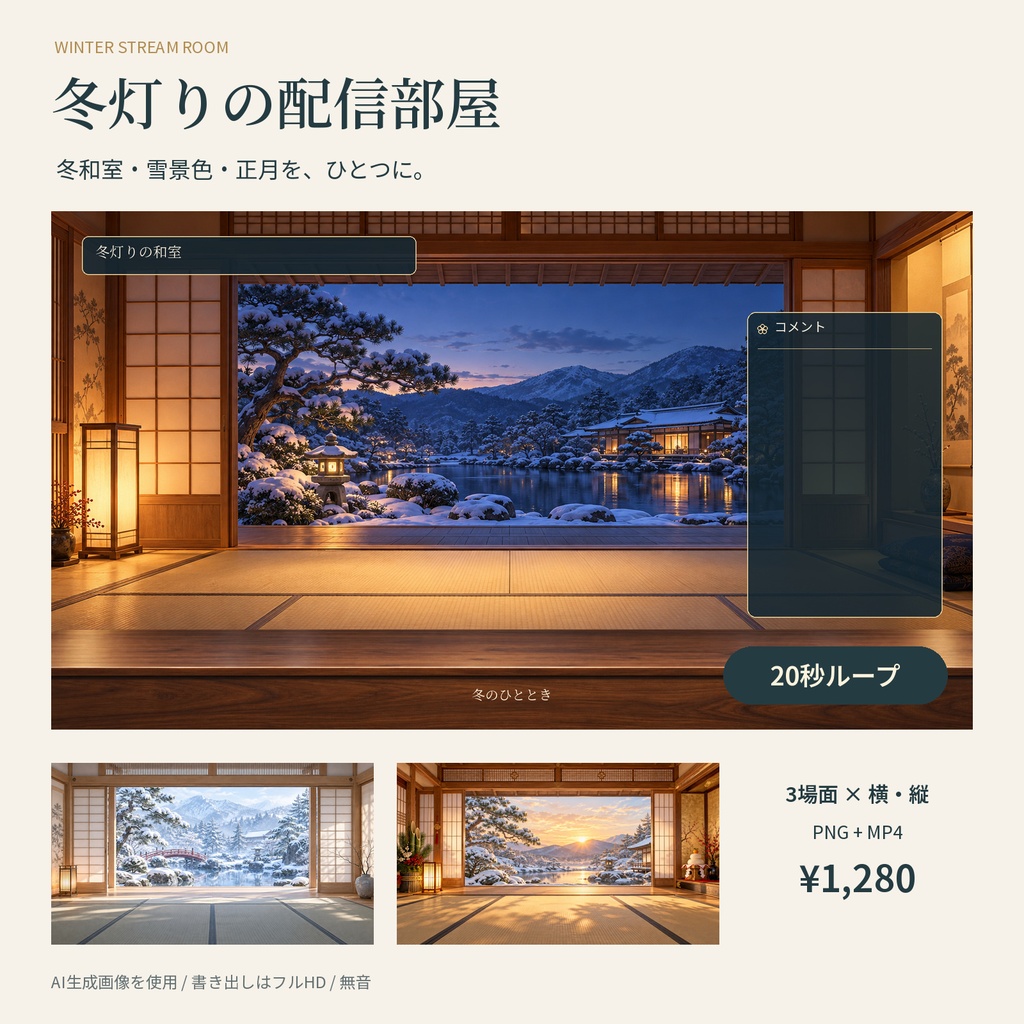 冬灯りの配信部屋|冬和室・雪景色・正月|動く背景3場面×横・縦|20秒ループ