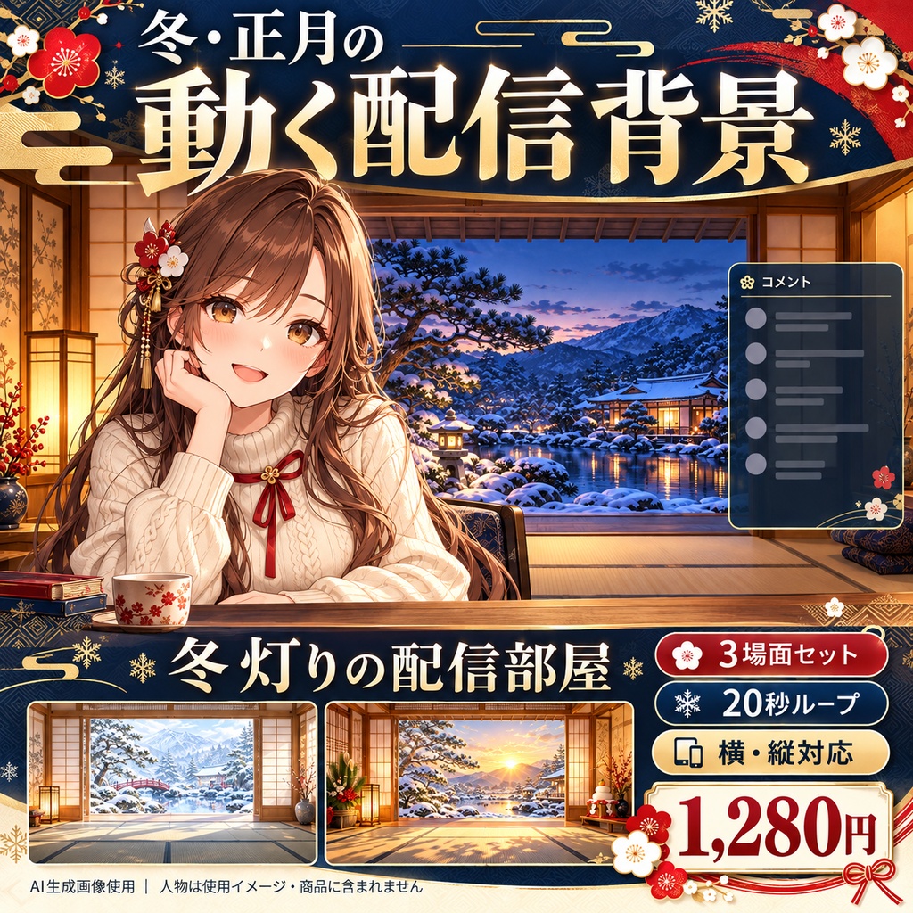 冬灯りの配信部屋｜冬和室・雪景色・正月｜動く背景3場面×横・縦｜20秒ループ