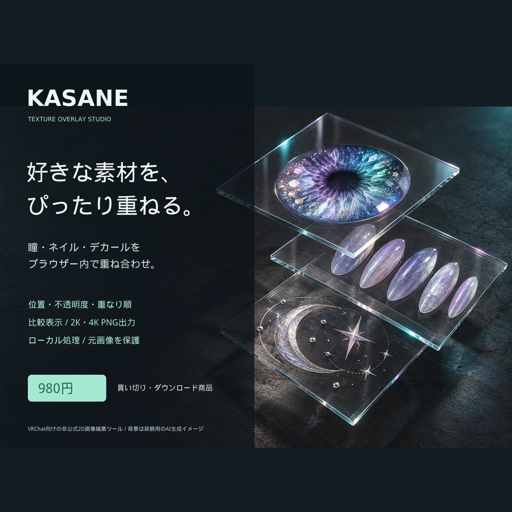 KASANE|VRChat向けテクスチャ重ね合わせツール【瞳・ネイル・デカール/2K・4K出力】