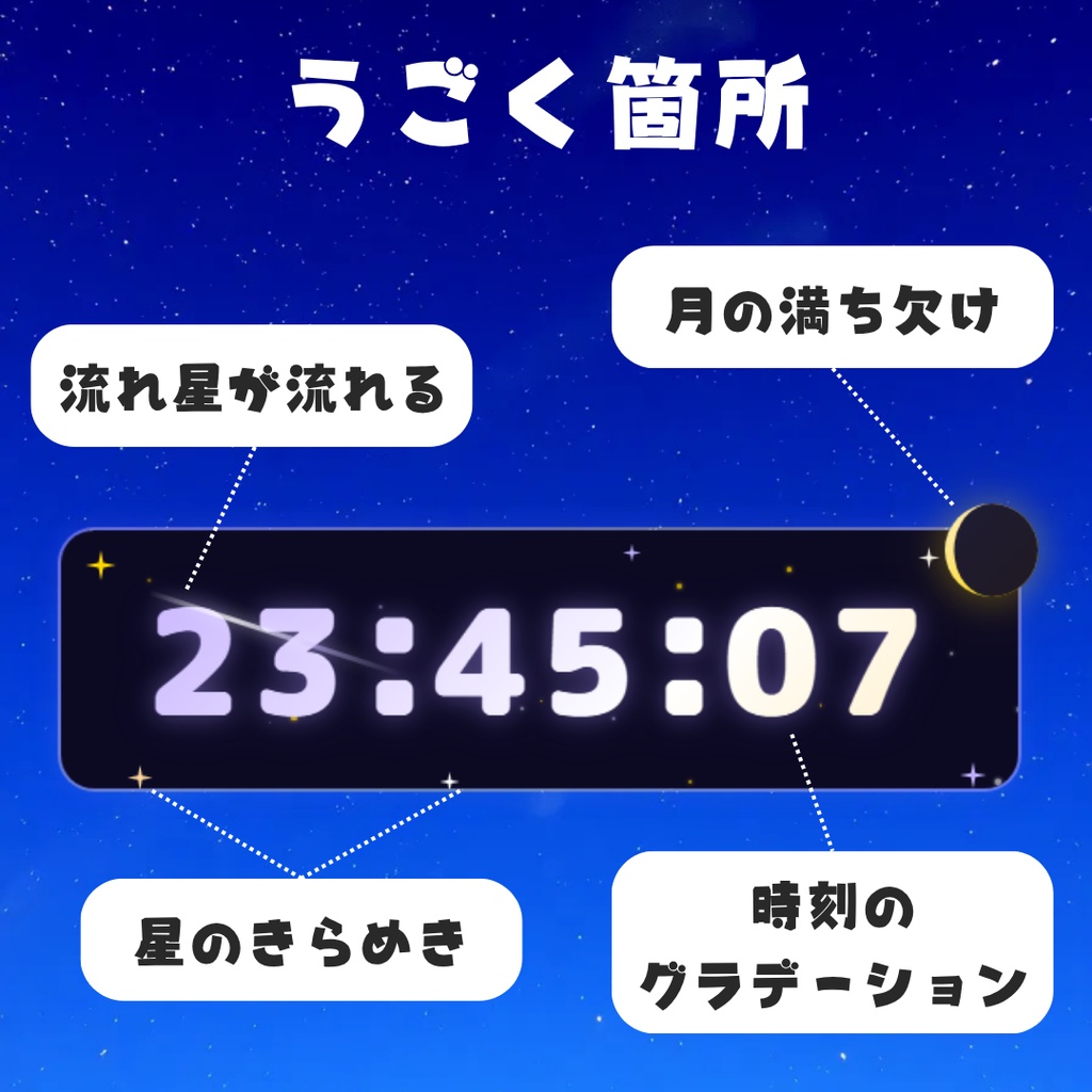 【動く】星降る夜空の時計 ─ リアルな月の満ち欠け付きデジタルクロック【OBS用】