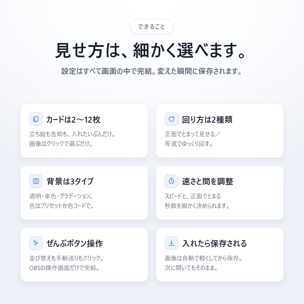 カードカルーセル ― 立ち絵や告知がゆるやかに巡るOBSオーバーレイ