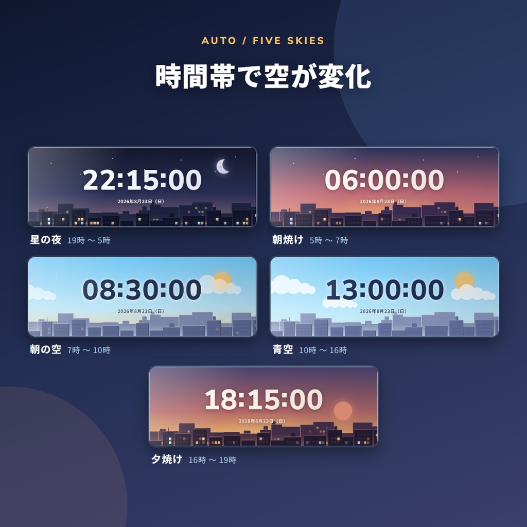 Sky Shift Clock - 時間帯で5つの空に変化するOBS用デジタル時計