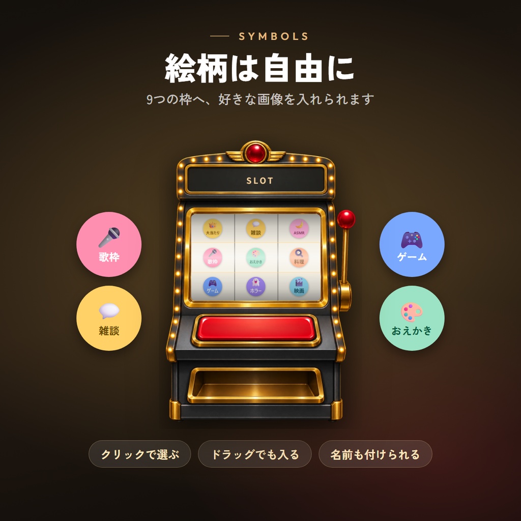 まわしてスロット|絵柄を差し替えて遊べる、OBS用スロットマシン