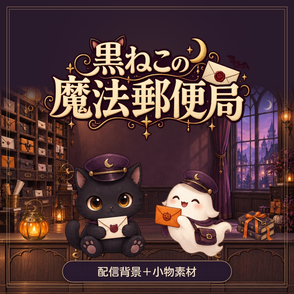 【ハロウィン配信素材】黒ねこの魔法郵便局｜背景・小物・透過アニメ