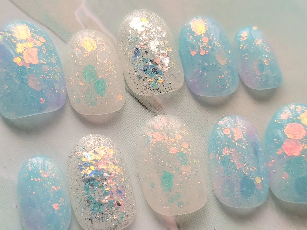 ホログラム埋め込み 夏ネイル ブルー【サイズオーダー】
