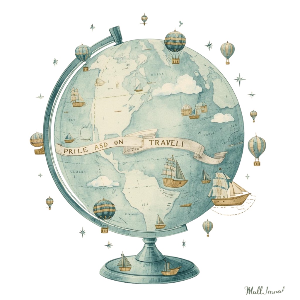 アンティーク風ライトブルー水彩旅行イラスト素材セット(10点入り・PNG)形式)