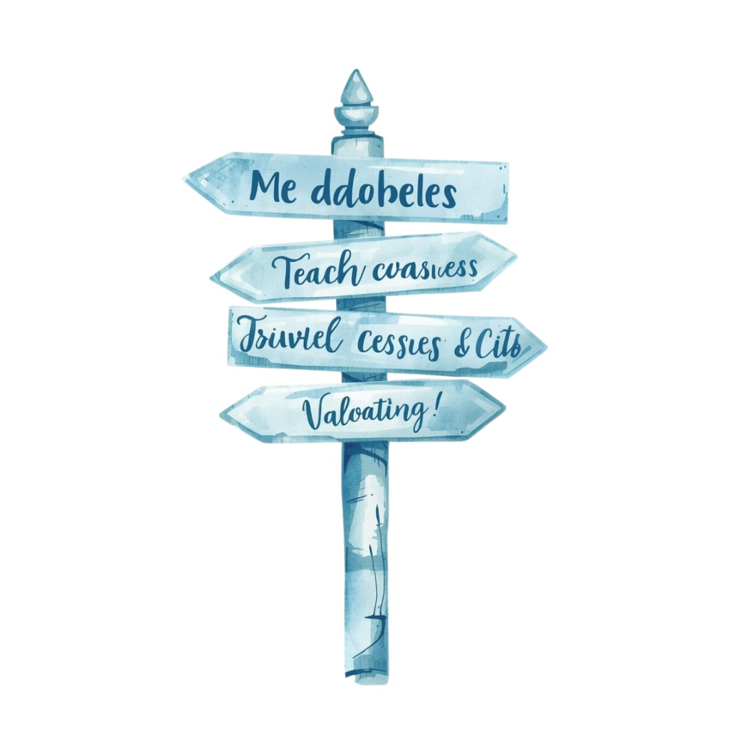 アンティーク風ライトブルー水彩旅行イラスト素材セット(10点入り・PNG)形式)