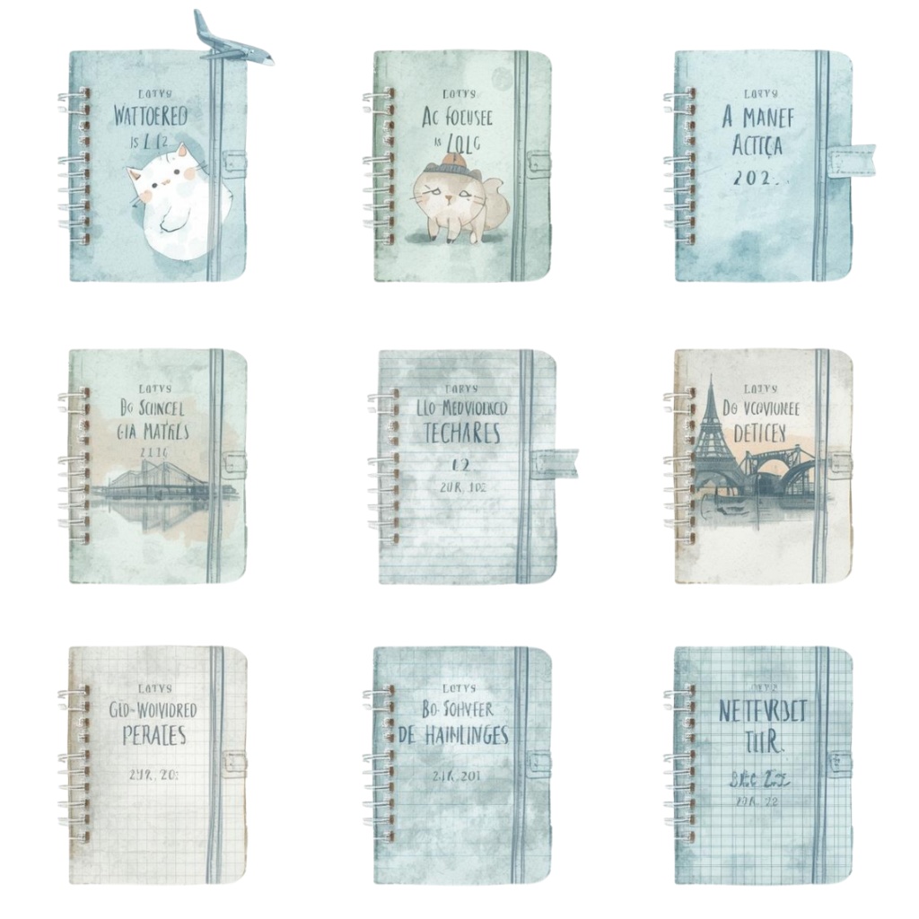 アンティーク風ライトブルー水彩旅行イラスト素材セット(10点入り・PNG)形式)