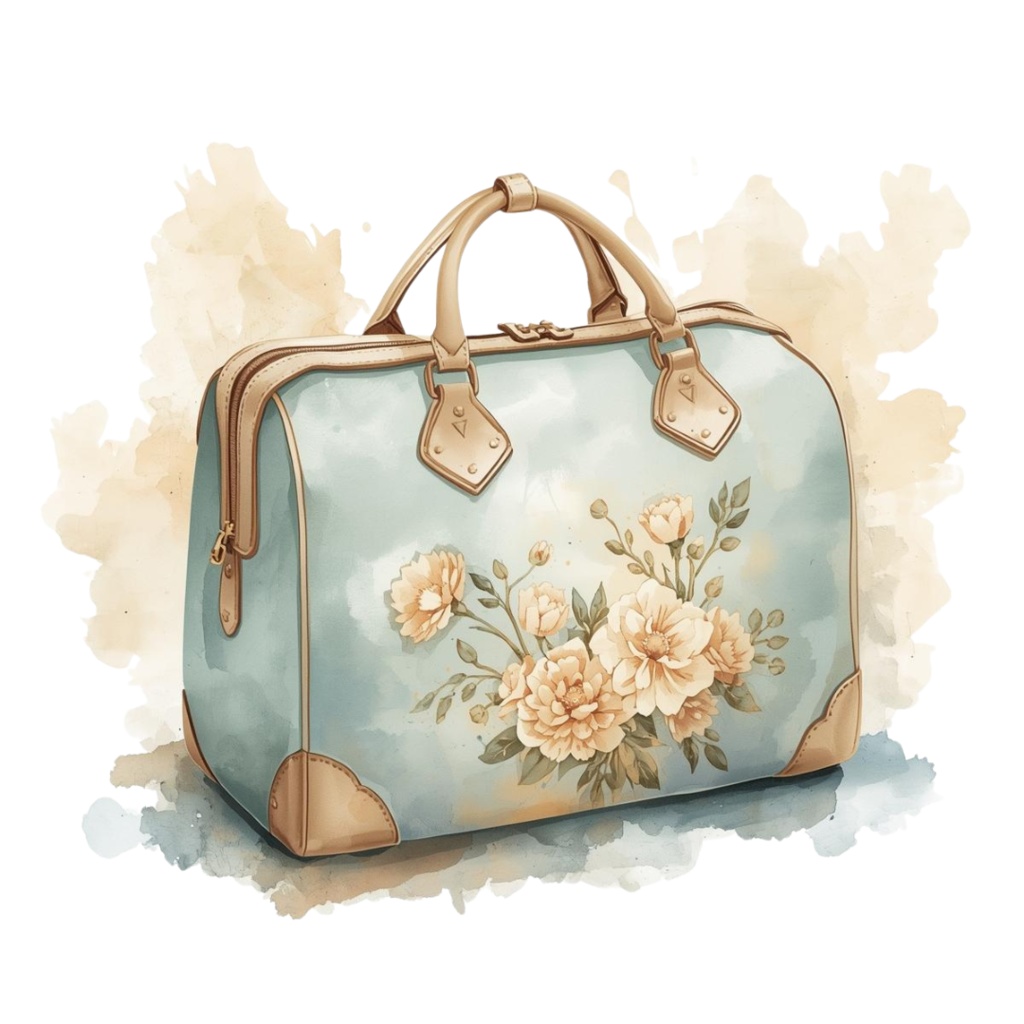 アンティーク風ライトブルー水彩旅行イラスト素材セット(10点入り・PNG)形式)