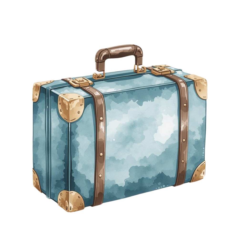 アンティーク風ライトブルー水彩旅行イラスト素材セット(10点入り・PNG)形式)