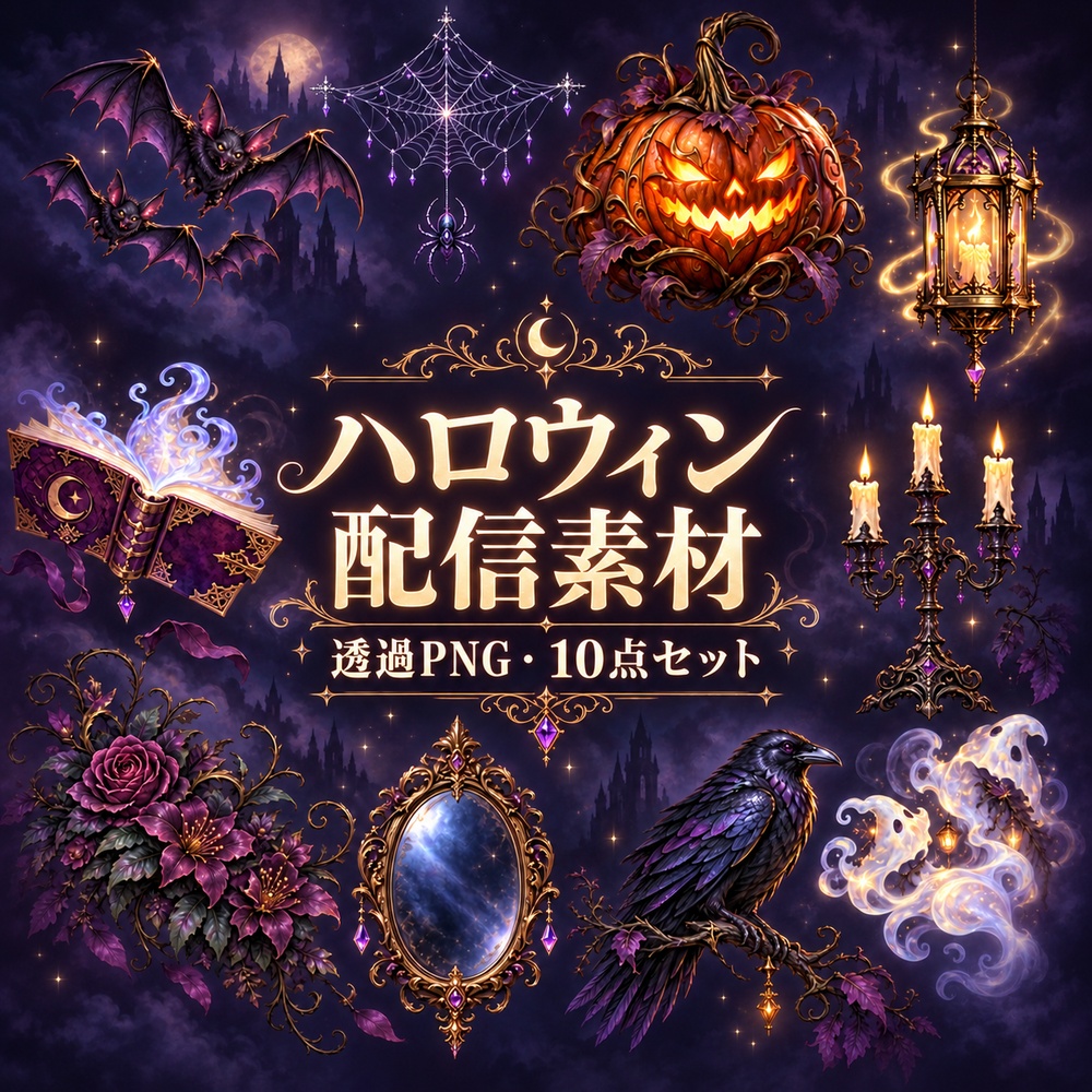 【配信やイラスト背景にも!】ゴシック調ハロウィン素材10点