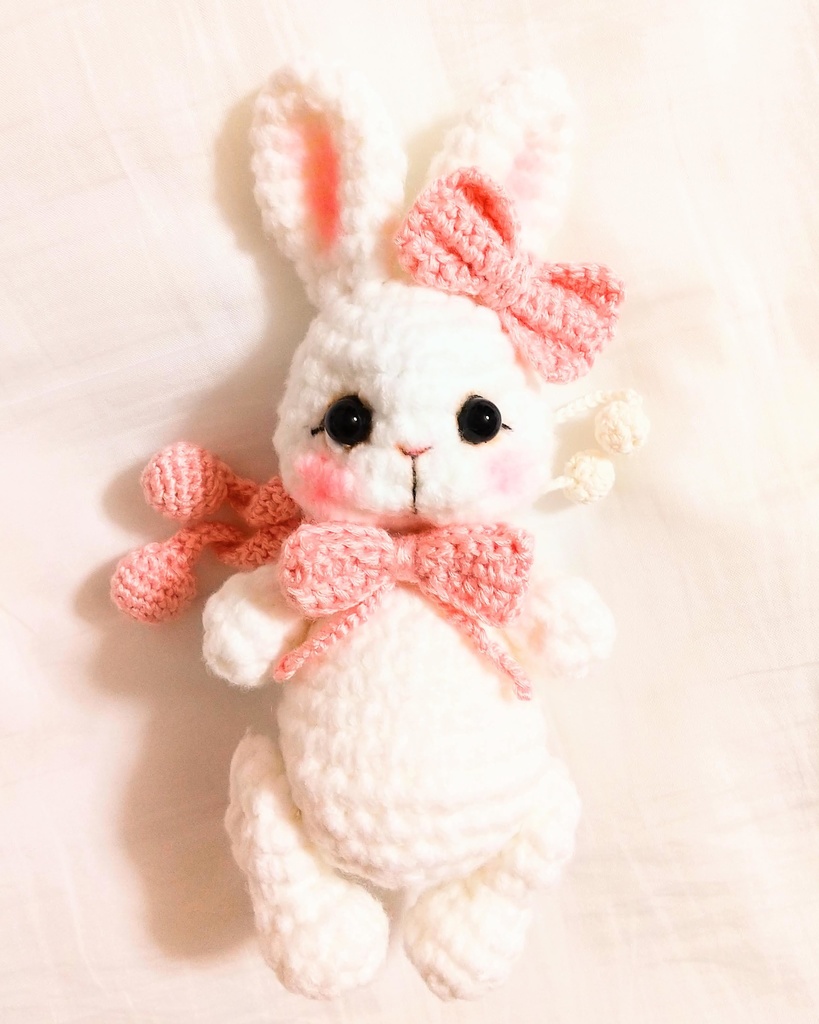 ✿ あみぐるみうさぎ * リボンと2wayマフラー付き * White × Baby Pink ✿