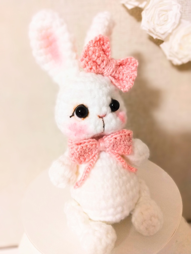 ✿ あみぐるみうさぎ * リボンと2wayマフラー付き * White × Baby Pink ✿