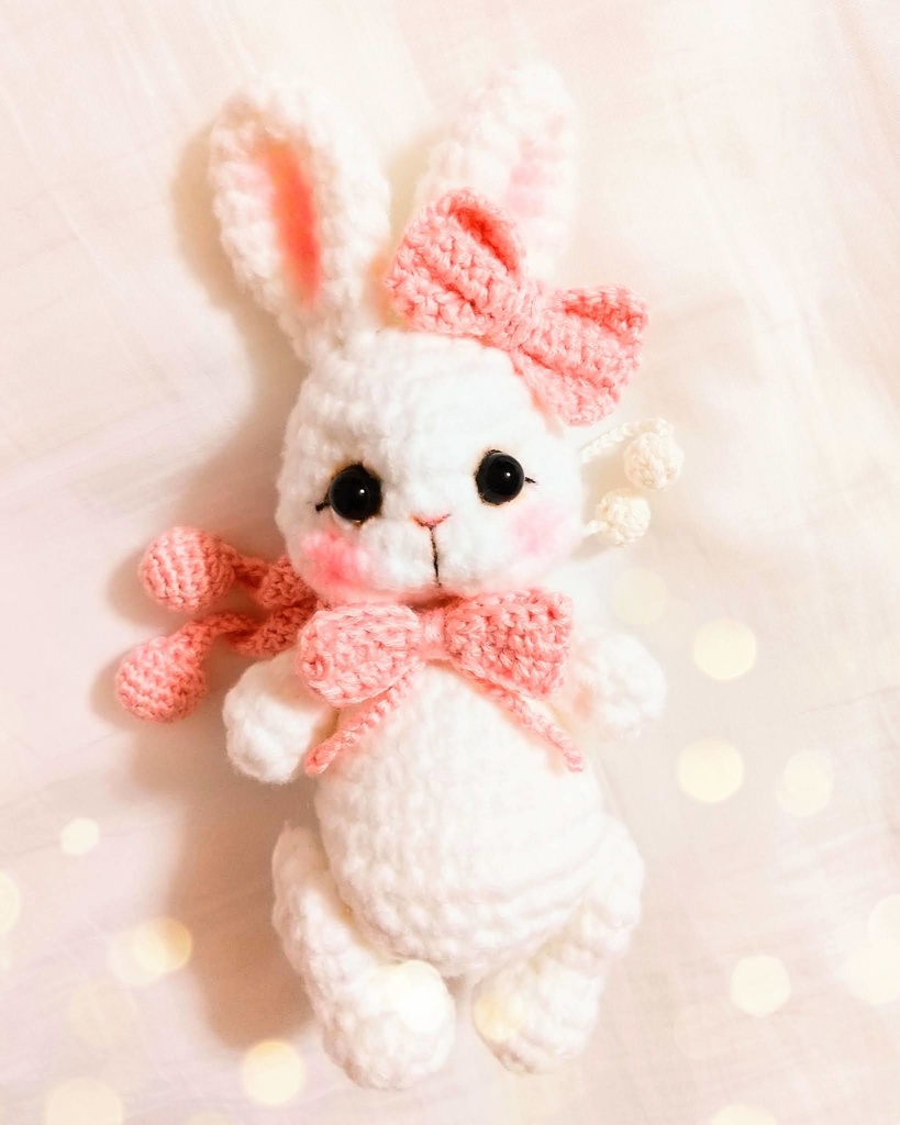 ✿ あみぐるみうさぎ * リボンと2wayマフラー付き * White × Baby Pink ✿