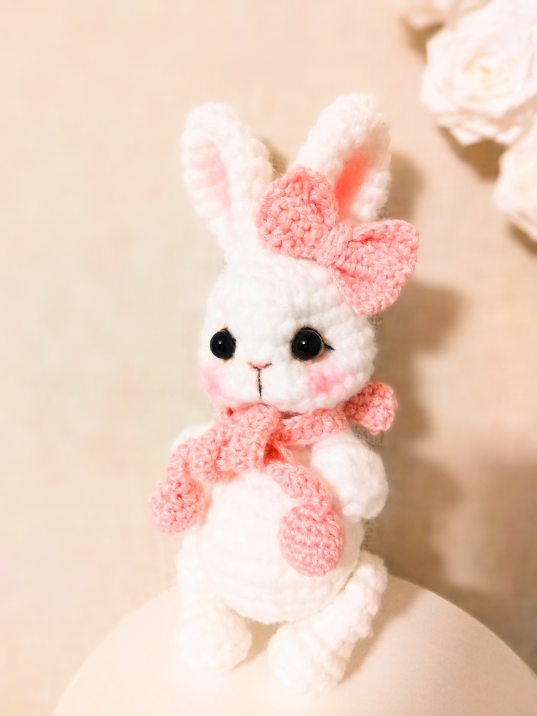 ✿ あみぐるみうさぎ * リボンと2wayマフラー付き * White × Baby Pink ✿