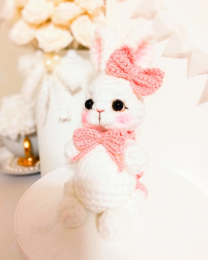 ✿ あみぐるみうさぎ * リボンと2wayマフラー付き * White × Baby Pink ✿