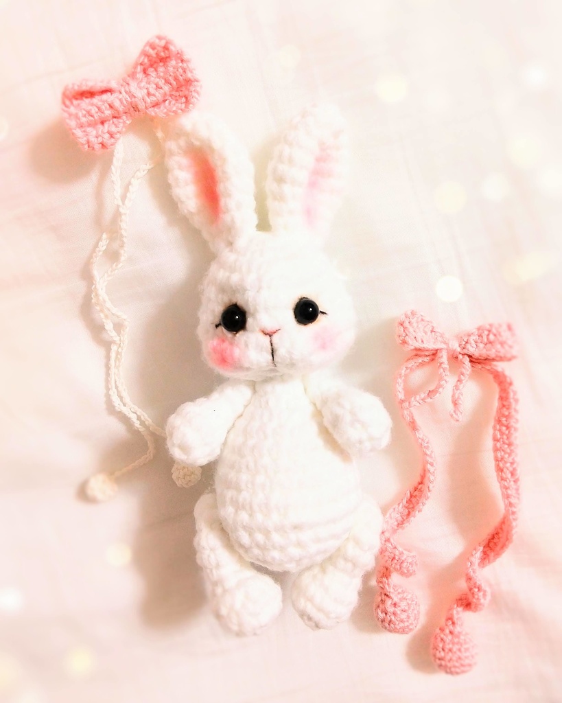 ✿ あみぐるみうさぎ * リボンと2wayマフラー付き * White × Baby Pink ✿